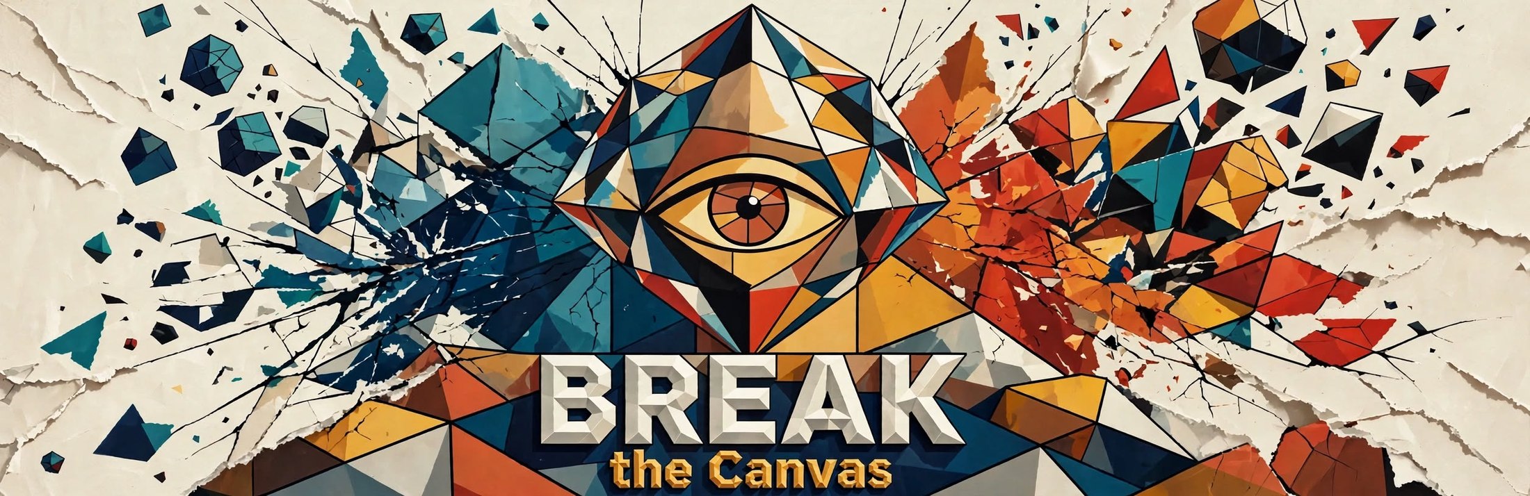A cubist diamond-faceted head with a single eye at its centre, cracking apart, above the words Break the Canvas.